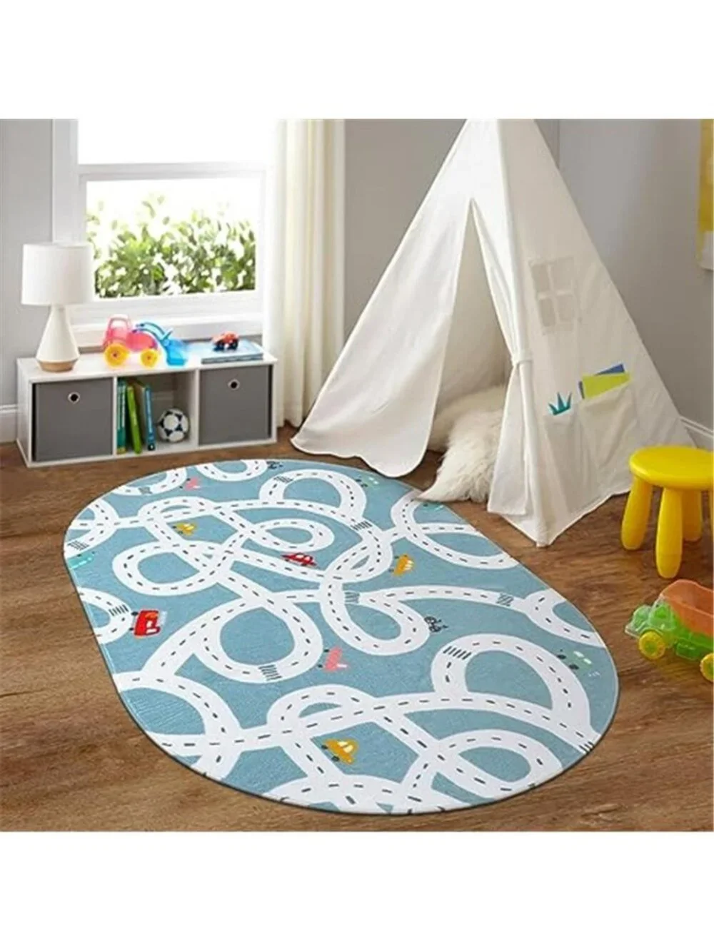 Large Kids Playroom Rug, 4'x6' Washable Road Rug for Nursery, Non-Slip